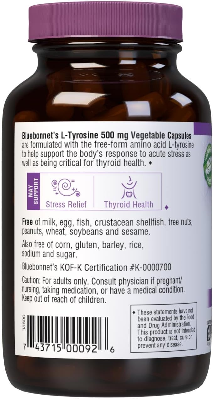 Bluebonnet L-Tyrosine 500 mg, 100 Vegan Capsules - Free-Form Amino Acid Food Supplement - görsel 3
