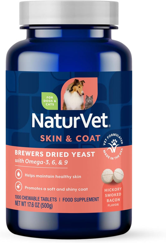 NaturVet Brewer's Dried Yeast Formula with Garlic Flavouring Plus Omegas - Rich in Omega-3, 6 & 9 Fatty Acids - Fortified with B1, B2, Niacin & Vitamin C - for Dogs & Cats, 1000 Chewable Tablets