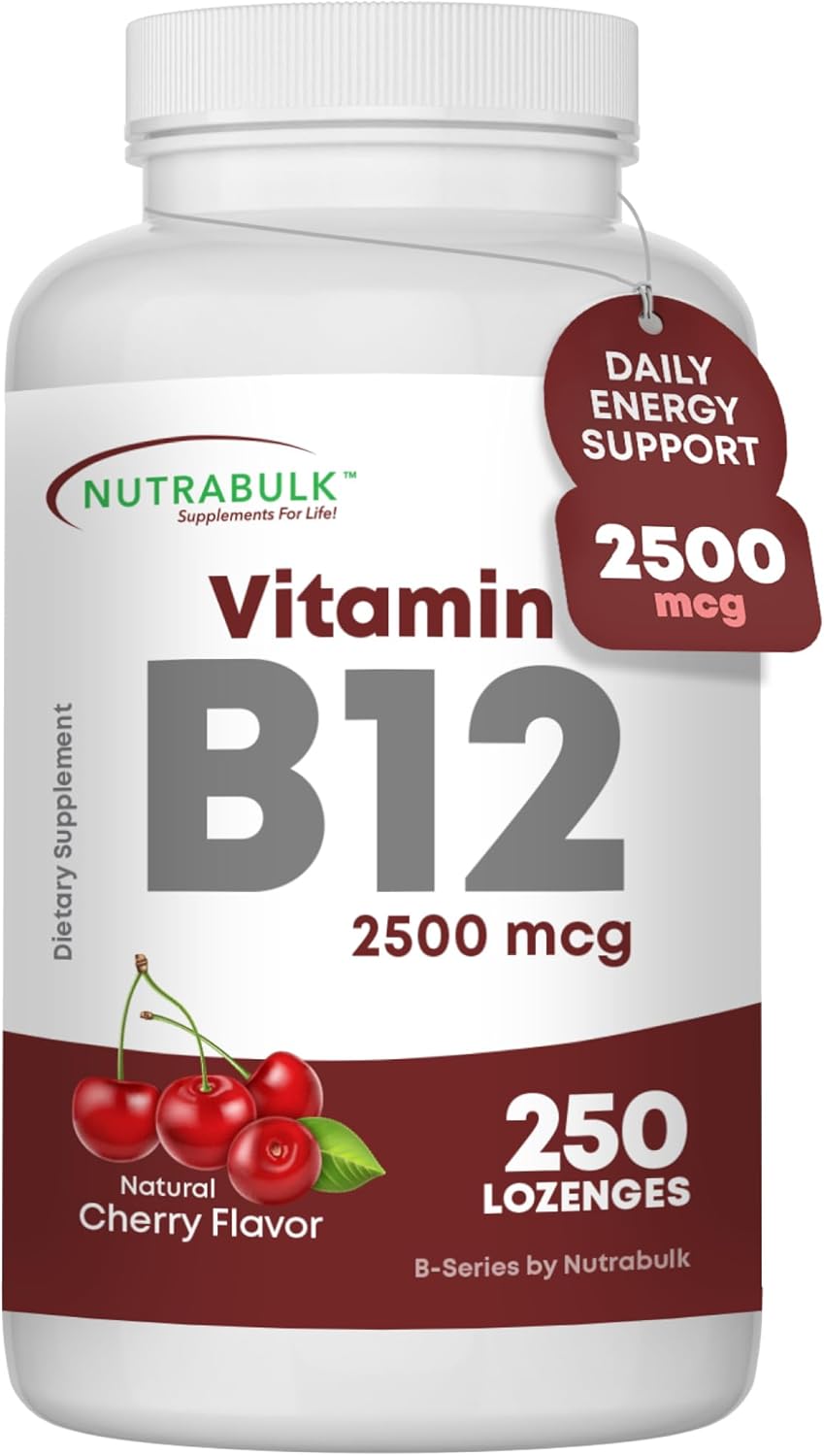 NutraBulk Vitamin B12 2500 mcg Quick Dissolve Lozenges - Cherry Flavoured B-12 Sublingual - B12 Vitamins Supplement (as Cyanocobalamin) for Energy Support & Red Blood Cell Formation - Made in USA (250 Count) - görsel 1