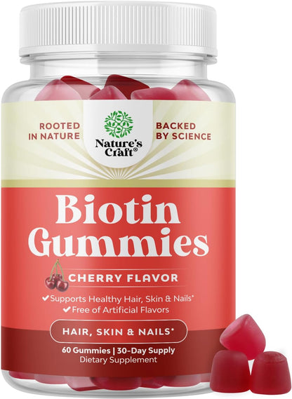 Natural Biotin Gummies for Hair Growth - Vitamins Skin and Nails Women Men with Pantothenic Acid - 60 Count