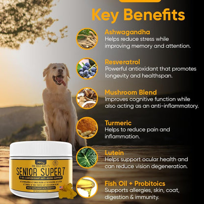 iHeartDogs Senior Super 7 Daily Dog Multivitamin - 7-in-1 Vitamin for Dogs Supports Anti-Ageing with Antioxidants, Probiotics, Lion's Mane, Turkey Tail, & Ashwagandha for Longevity & Cognitive Boost