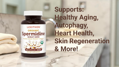 Lekithos Organic Spermidine Capsules | Organic Wheat Germ Extract | Promotes Cell Renewal, Healthy Ageing | Thiamine, Zinc, Manganese | 1050mg Per Serving | Certified Organic, Vegan, Non-GMO | 120 Capsules