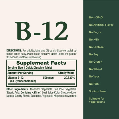 Nature's Bounty Vitamin B12 500 mcg Quick Dissolve Tablets, 300 Tablets (Pack of 3)