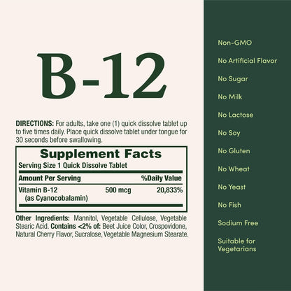 Nature's Bounty Vitamin B12 500 mcg, 100 Quick Dissolve Tablets