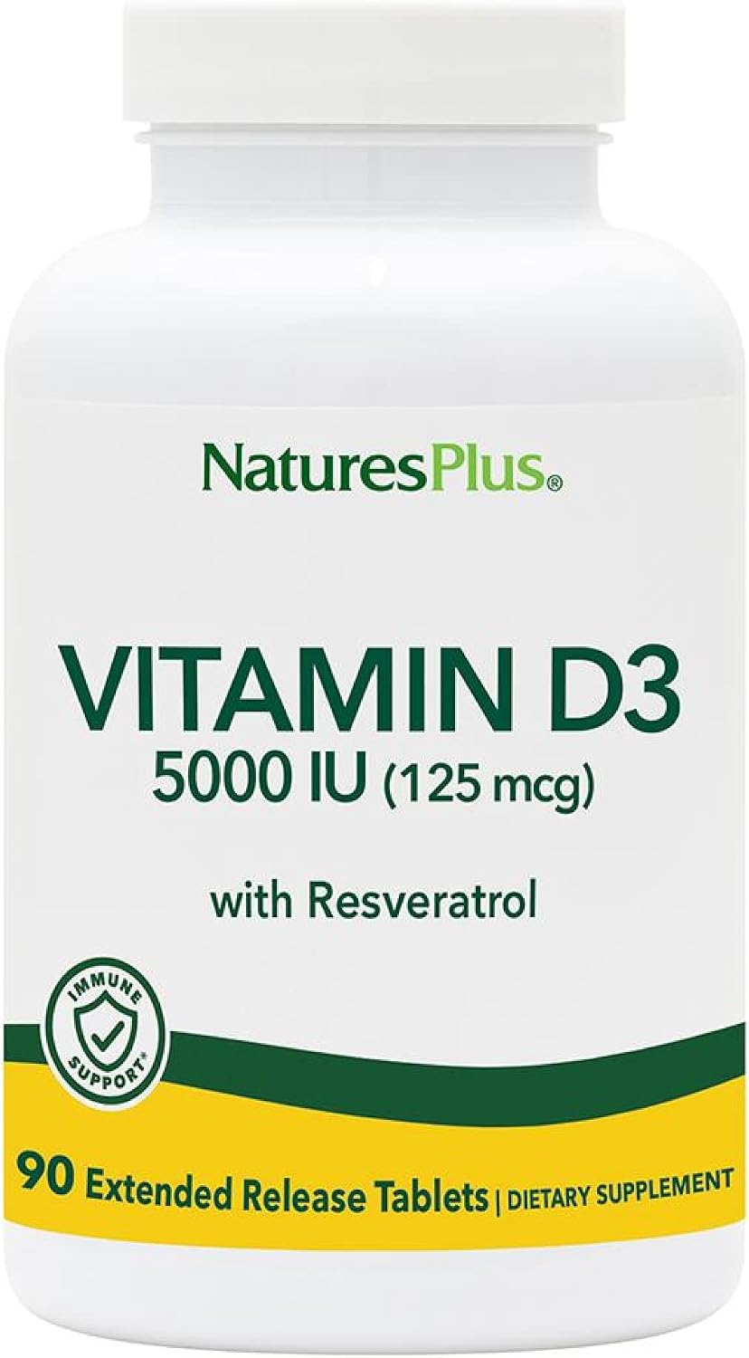 NaturesPlus Vitamin D3 Extended Release with Trans-Resveratrol, 5000 IU - 90 Vegan Tablets - görsel 1