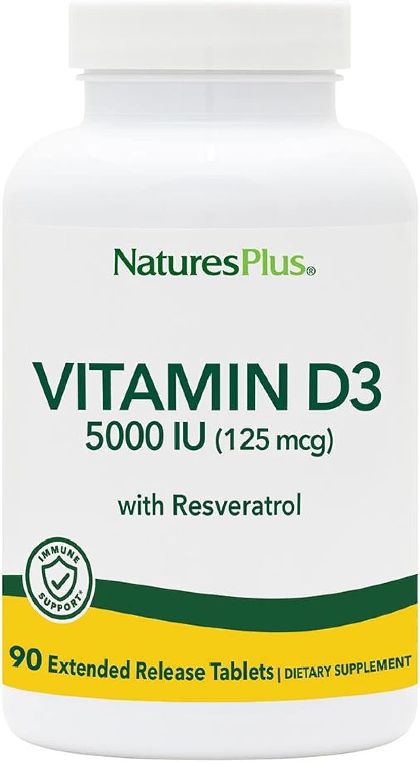 NaturesPlus Vitamin D3, Extended Release - 90 Vegan Tablets - 5000 IU + 25 mg Trans-Resveratrol - Supports Heart, Bone & Immune Health - Gluten-free - 90 Servings - görsel 1