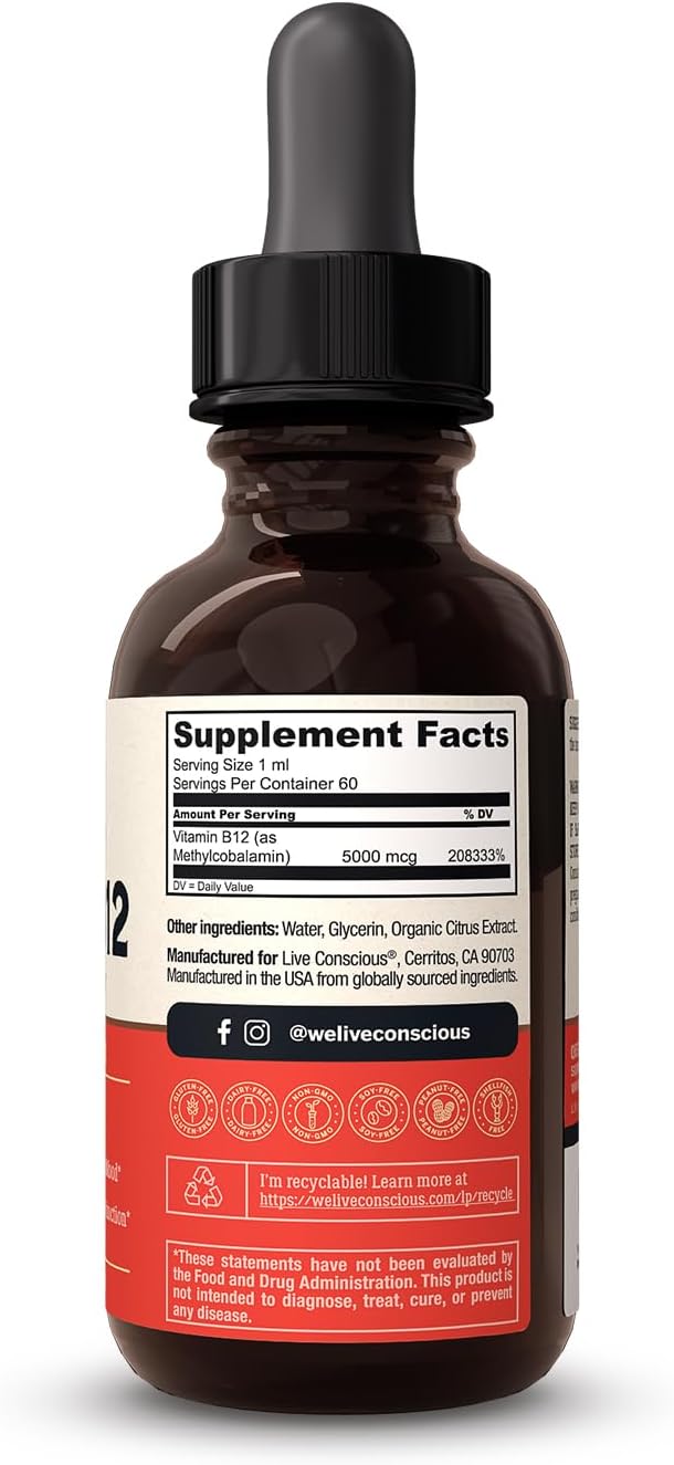 Live Conscious Vegan Vitamin B12 Sublingual Liquid Drops – Methylcobalamin 5000mcg (2 Pack) - görsel 5