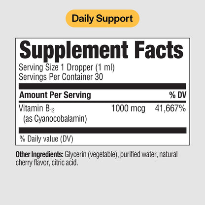 PureFormulas Liquid B12 1000 mcg - Natural Cherry Flavour Sublingual Drops, 30 ml
