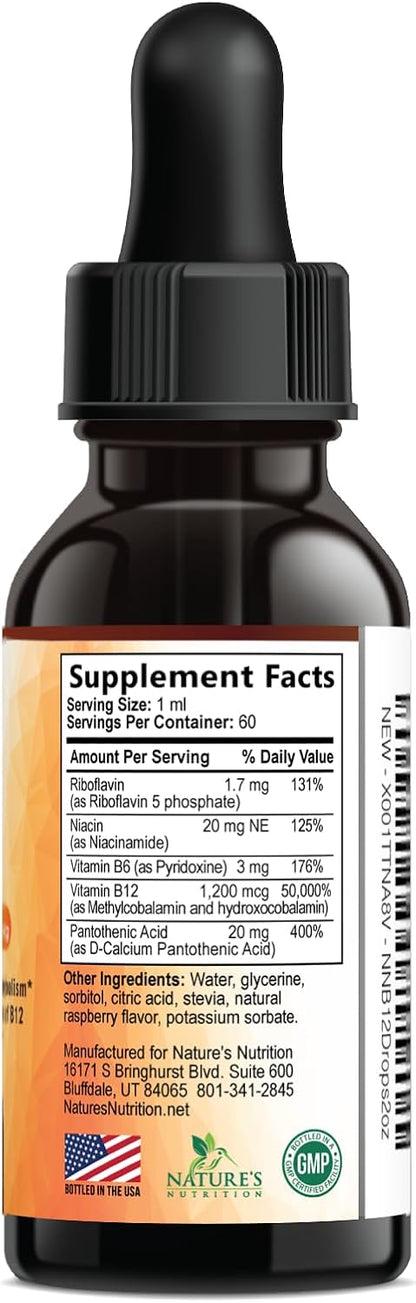 Vitamin B12 Drops - Extra Strength Methylcobalamin Super B Complex - Sublingual Liquid for Energy, Nervous System & Metabolism Support - Raspberry Flavoured - 60 ml