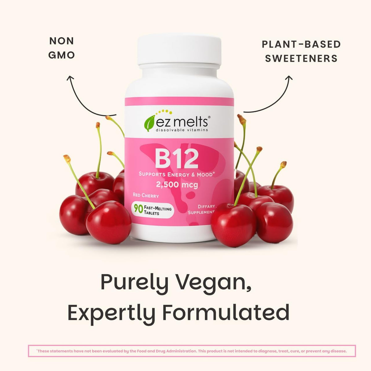 EZ Melts Dissolvable B12 Methylcobalamin 2500 mcg – Red Cherry – 90 Sublingual Tablets - görsel 6