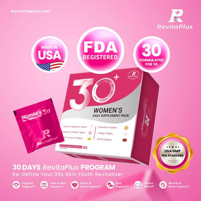RevitaPlus Multivitamin for Women with Vitamin A,B,C,D3,E,K2,Biotin, Collagen, Krill Oil, Cranberry Supports Energy, Wellbeing, Beauty and Immune - Vitamin Sachets for Women's Health 30 Sachets
