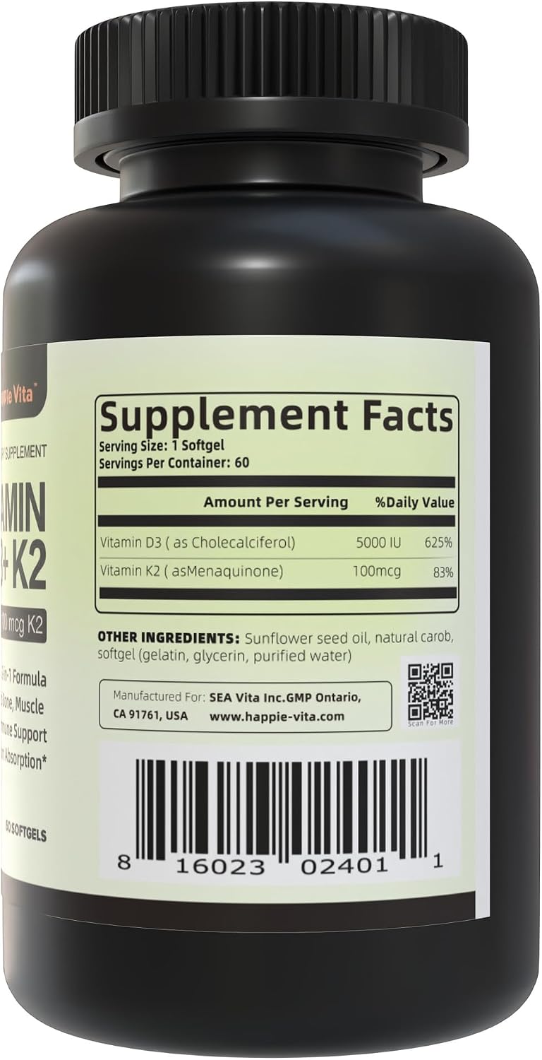 HappieVita Vitamin D3 & K2, 5000 IU (125 µg) + 100 µg, 60 Soft gel capsules - görsel 7