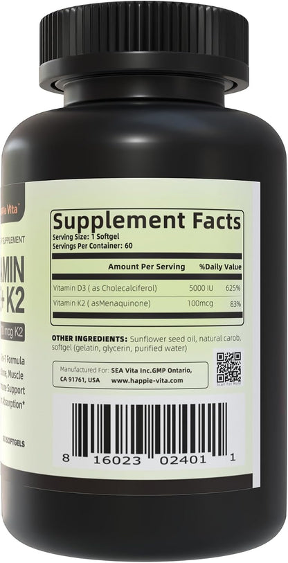 HappieVita Vitamin D3 & K2, 5000 IU (125 µg) + 100 µg, 60 Soft gel capsules