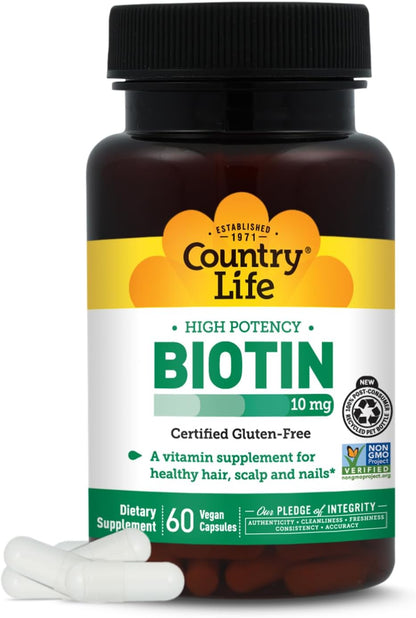Country Life Vitamins High Potency Biotin 10,000 mcg (10 mg), 60 Count - Supplement for Hair, Scalp & Nails - Certified Gluten-free