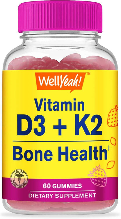 WellYeah Vitamin D3 + K2 Gummies - 1000 IU (25 mcg) D3, 100 mcg K2 (MK-7) - Bone and Muscle Wellness - 60 Gummies