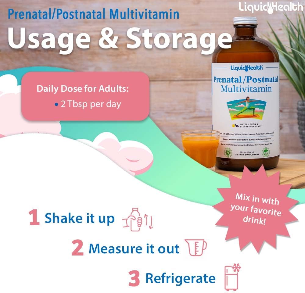 LIQUIDHEALTH Prenatal/Postnatal Liquid Multivitamin with Real Folate - Made in the USA, Vegan, Sugar-Free, Non-GMO (2 Pack) - görsel 4