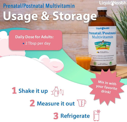 LIQUIDHEALTH Prenatal/Postnatal Liquid Multivitamin with Real Folate - Made in the USA, Vegan, Sugar-Free, Non-GMO (2 Pack)