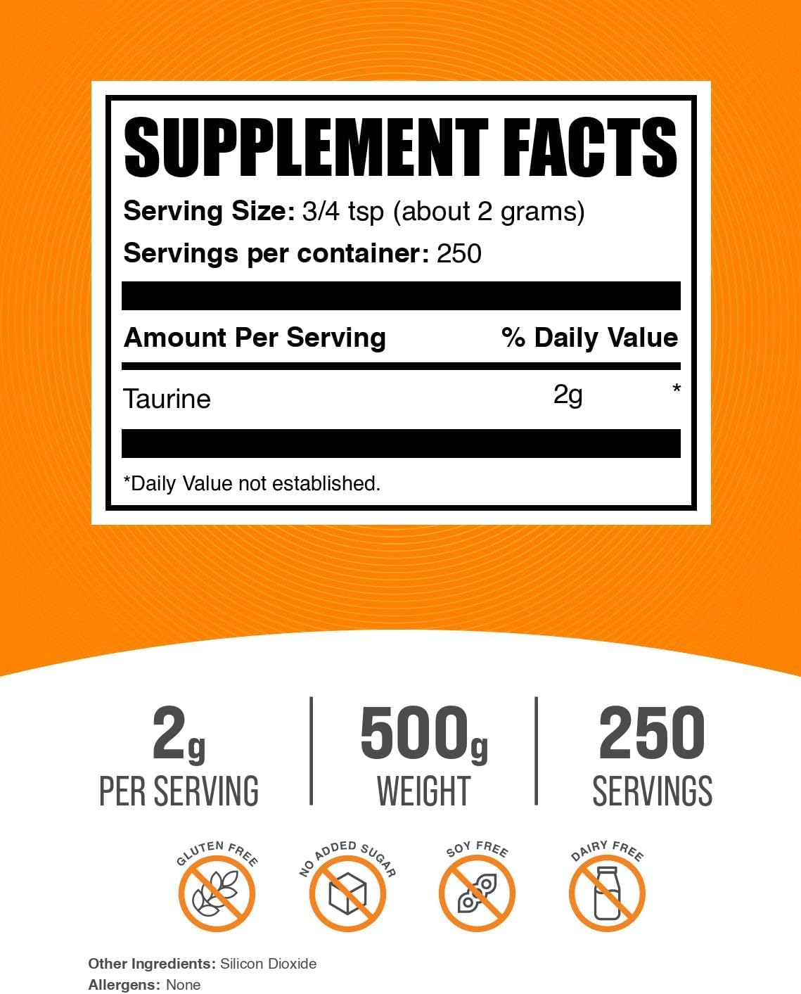 BulkSupplements.com Taurine Powder - Unflavoured, Gluten-free, 2g per Serving, 500g - görsel 2