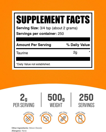BulkSupplements.com Taurine Powder - Unflavoured, Gluten-free, 2g per Serving, 500g