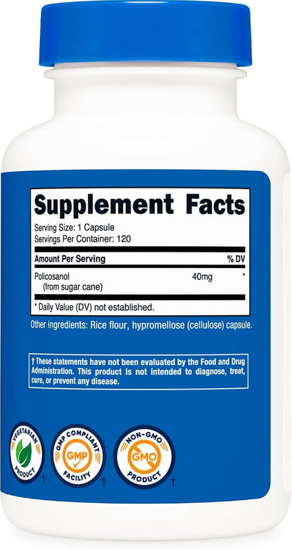 Nutricost Policosanol 40mg, 120 Capsules - Gluten-free, Non-GM, and Vegetarian Friendly