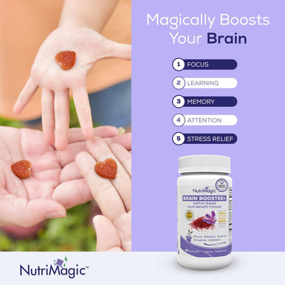 NutriMagic Kids Brain Booster+ Saffron Extract Gummies with Multivitamin D3, B6, B12, Zinc – With Saffron for Daily Nutrient Support – Non-GMO, 30 Servings