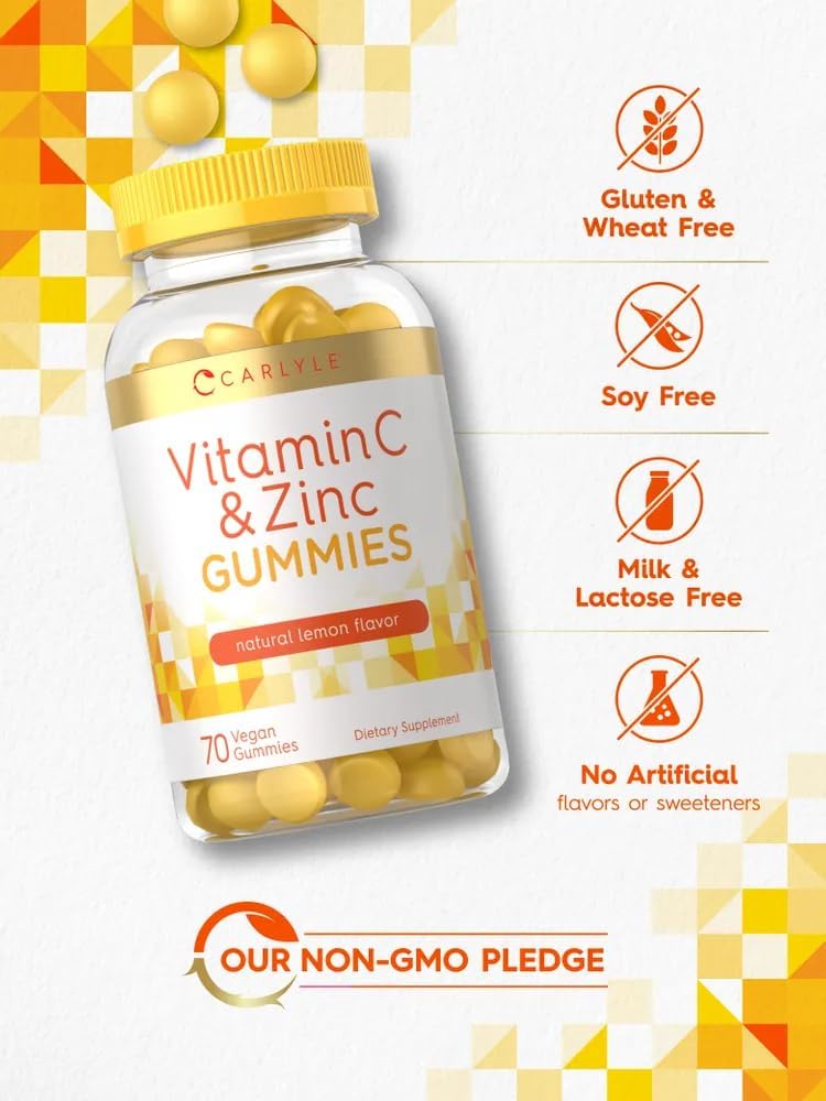 Carlyle Vitamin C and Zinc Gummies | 70 Count | Lemon Flavour | Vegan, Non-GMO, and Gluten-free Supplement - görsel 2