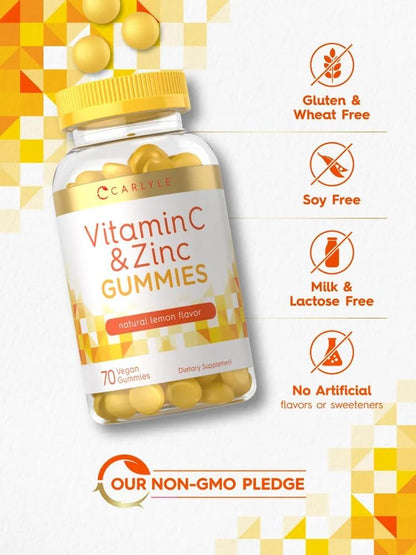 Carlyle Vitamin C and Zinc Gummies | 70 Count | Lemon Flavour | Vegan, Non-GMO, and Gluten-free Supplement
