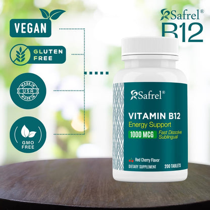 Safrel Vitamin B12 1000 mcg, 200 Fast Dissolve Tablets, Easy to Take Sublingual B12 Cherry Flavour, 200-Day Supply