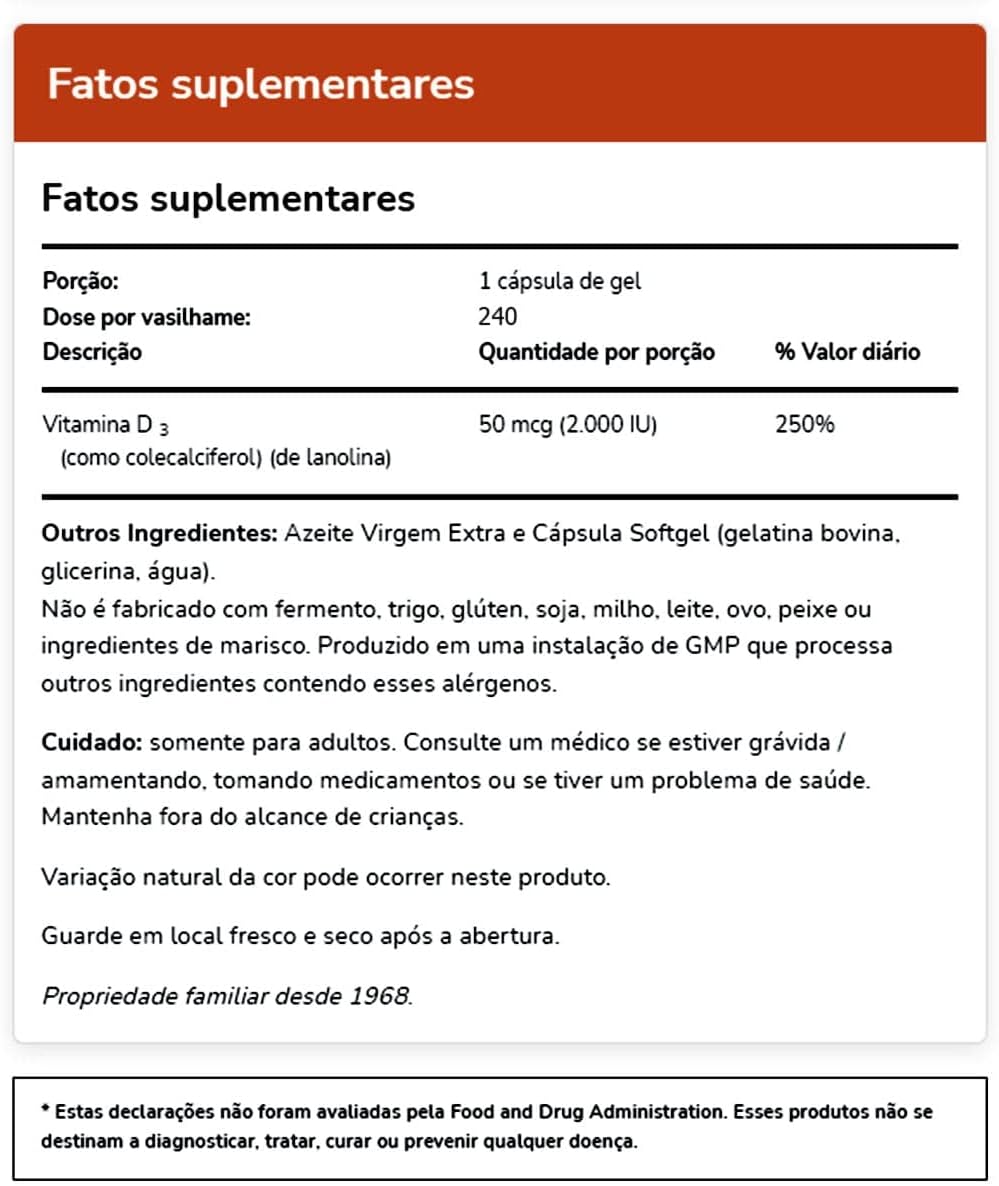 NOW Foods Vitamin D-3 2000 IU (50 µg) 240 Softgels - görsel 3