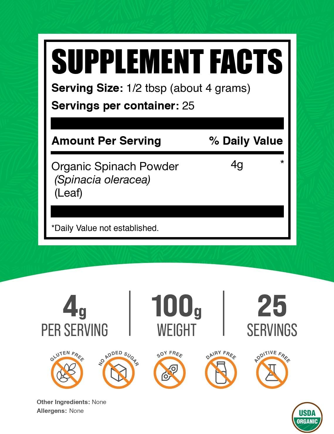 BulkSupplements.com Organic Spinach Powder - Herbal Supplement, 100g - görsel 2