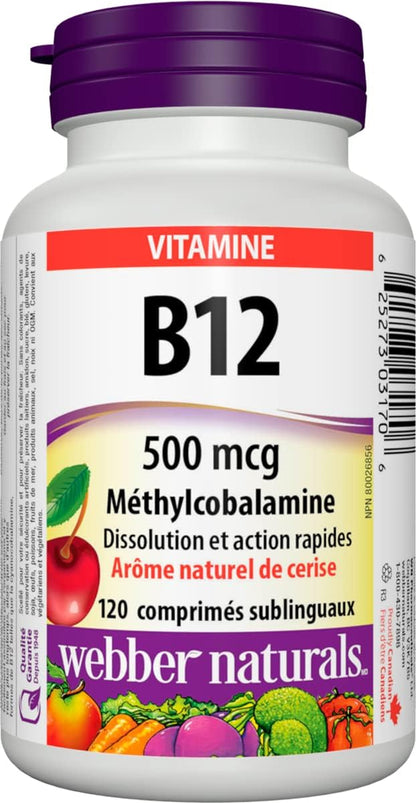 Webber Naturals Vitamin B12 (Methylcobalamin) Sublingual Tablets, Natural Cherry Flavour, 120 Tablets