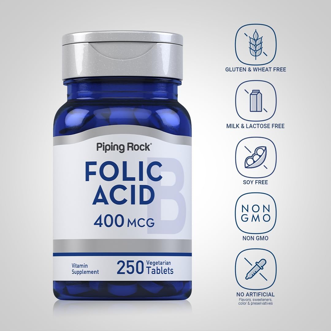 Piping Rock Folic Acid | 400 mcg | 250 Vegetarian Tablets | Non-GMO, Gluten-free Supplement - görsel 3