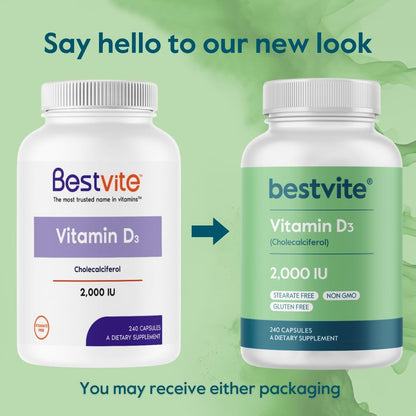 BESTVITE Vitamin D 2000 IU (240 Capsules) – No Stearates, Non-GMO, Gluten-Free