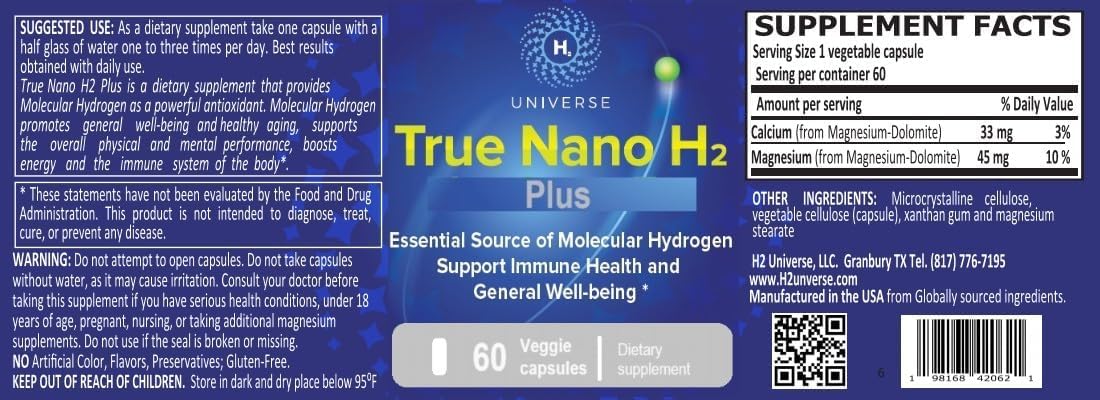 True Nano H2 Plus by H2 Universe | Molecular Hydrogen with Active Hydrogen Nanobubbles | 60 Capsules - görsel 3