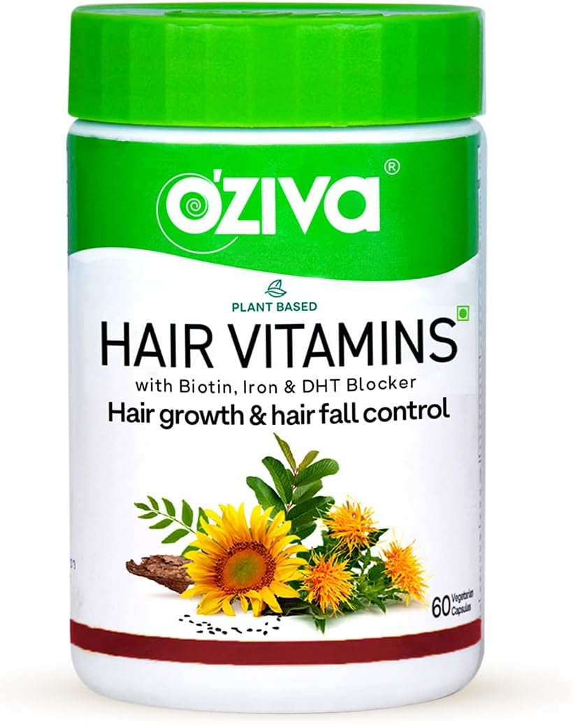 OZIVA Plant Based Hair Vitamins - with Omega-3, Biotin & Vitamin E - Certified Clean & Vegan - 60 Capsules - görsel 1