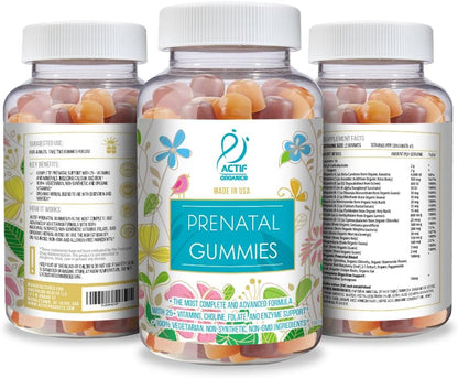 Actif Prenatal Gummies with 25+ Organic Vitamins and Herbal Blend - Non-GMO, Vegetarian, 90 Count, Made in USA