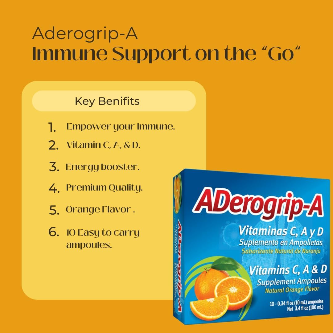 Aderogripa Immune Support Vitamins C, A & D Liquid Supplement, Natural Orange Flavour, 10 x 10ml Ampoules - görsel 3