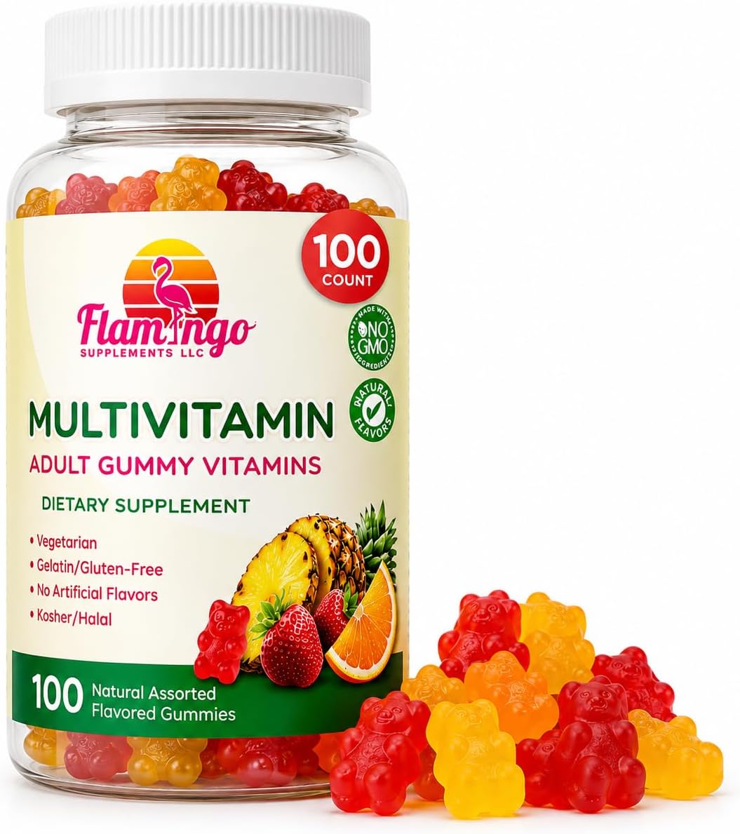 Flamingo Supplements Multivitamin Gummies | Vegan Friendly, Kosher Halal, No Gelatine, Non-GMO | for Men, Women & Kids | 3 Natural Flavours | Vitamins C, B3, B12, Biotin, Zinc & More | 100 Gummies - görsel 1