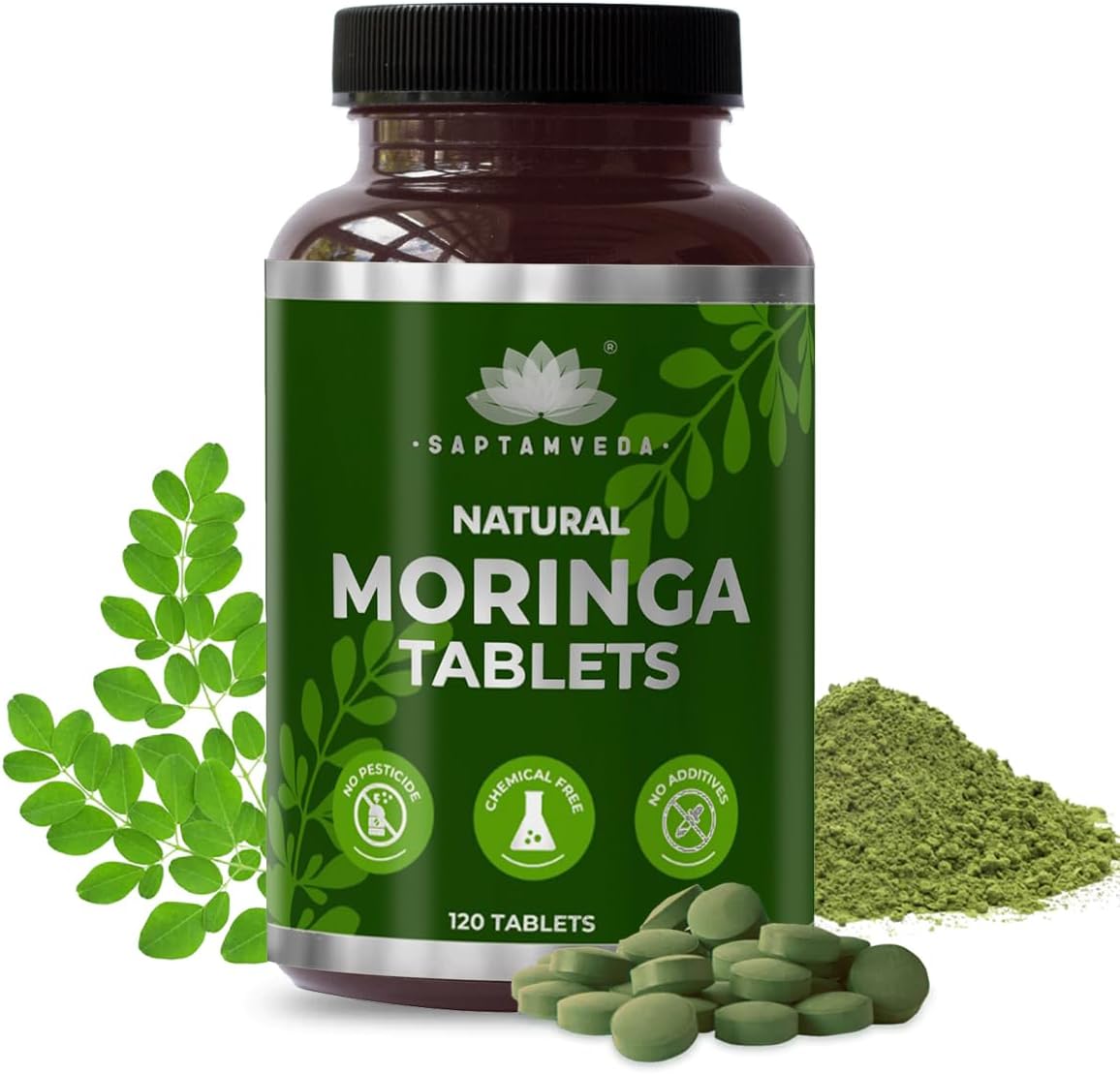SAPTAMVEDA Natural Moringa Tablets - Organic Drumstick Leaf Food Supplement (120 Tablets) - görsel 1