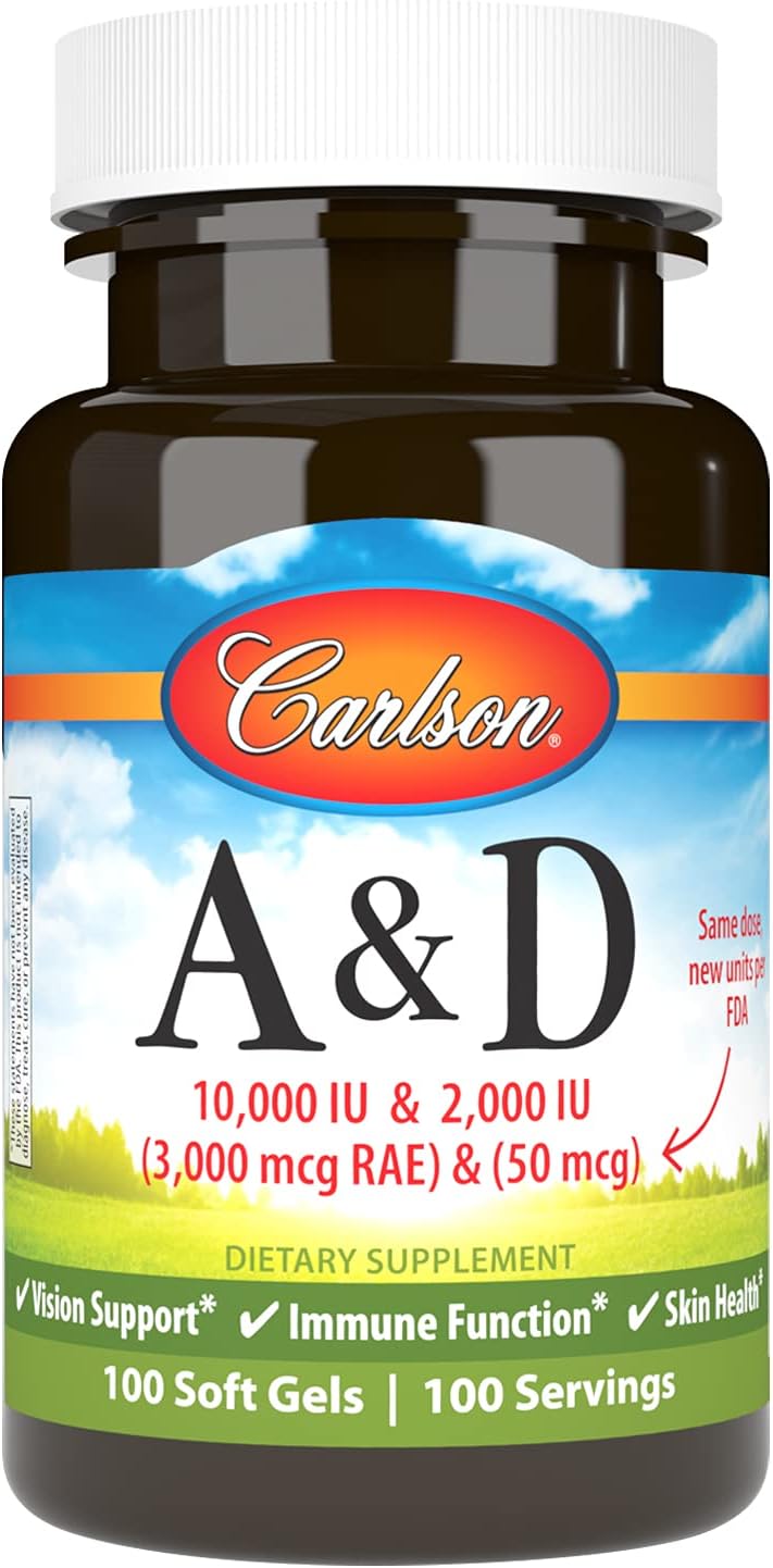 Carlson A & D, 10000 IU (3000 mcg RAE) Vitamin A & 5000 IU (125 mcg) Vitamin D3, Vision and Bone Support, 100 Softgels - görsel 1