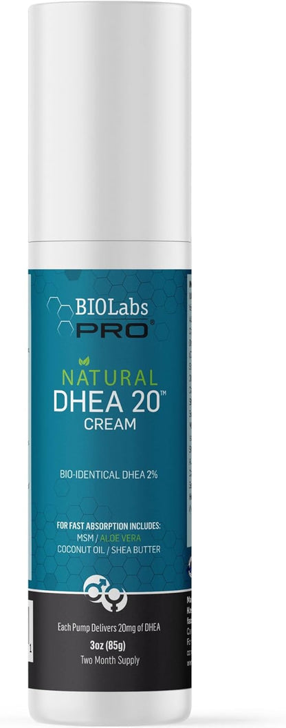 BIOLABS PRO All Natural Bioidentical 20mg DHEA Cream – Unscented, 85g (Two-Month Supply)