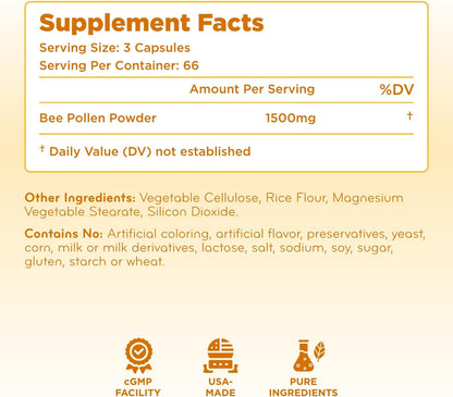 High Strength Bee Pollen Supplement - Natural Superfood with Vitamins Minerals Antioxidants - 1500mg Serving (200 Capsules)