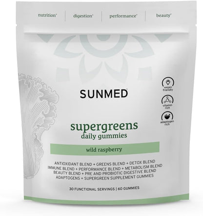 SUNMED Supergreens Daily Gummies - Wellness Blend, Wild Raspberry, 60 Count