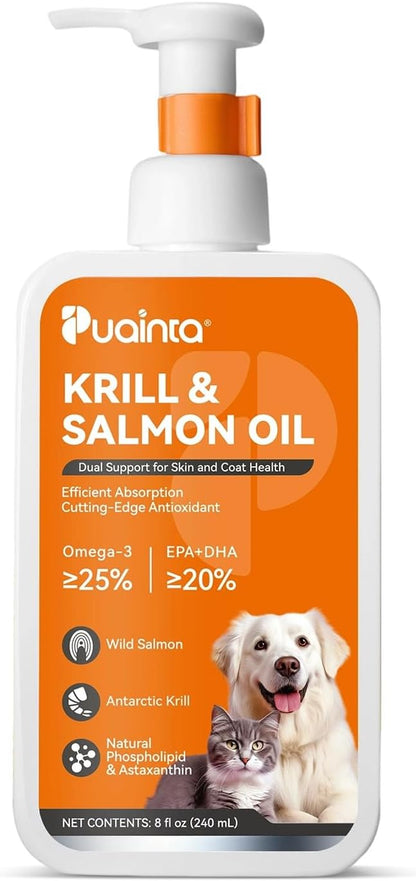 PUAINTA Omega-3 Fish Oil for Dogs and Cats – Wild Icelandic Salmon Oil and Antarctic Krill Oil, 237 ml
