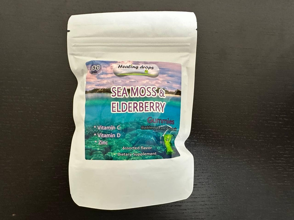 HEALING DROPS Irish Sea Moss Gummies – Organic Wildcrafted Sun-Dried Sea Moss with Bladderwrack & Burdock Root (Elderberry-Mix) - görsel 2