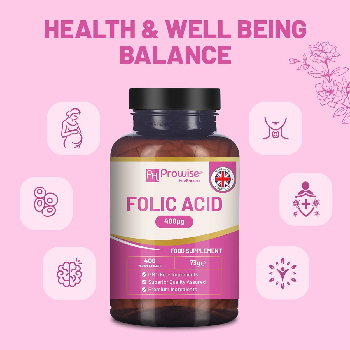 Folic Acid Tablets 400 mcg - 400 Vegan Vitamin B9 Tablets | 13 Month Supply | Vitamin B9 Pregnancy Support | UK Made – Prowise - görsel 4