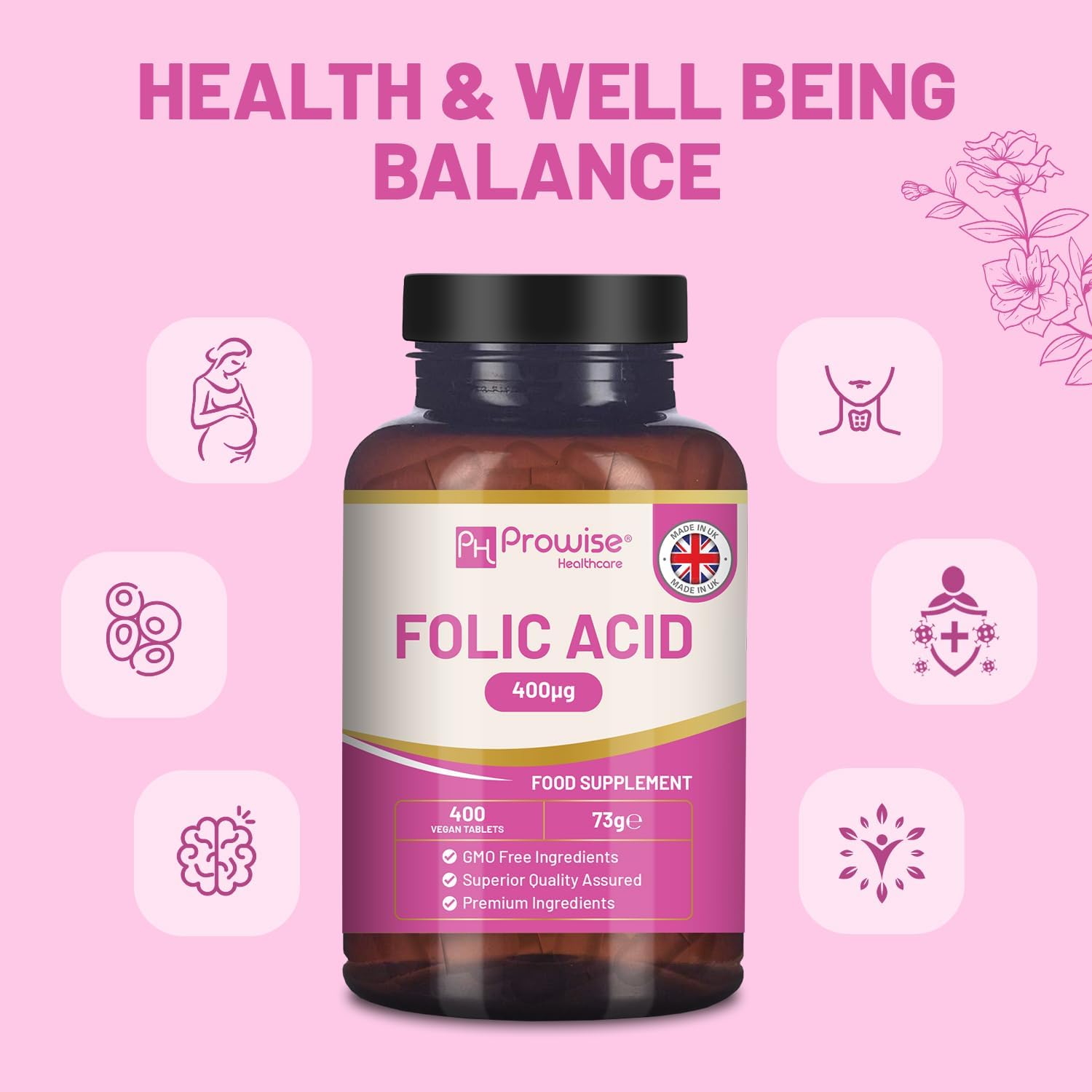 Folic Acid Tablets 400 mcg - 400 Vegan Vitamin B9 Tablets | 13 Month Supply | Vitamin B9 Pregnancy Support | UK Made – Prowise - görsel 4