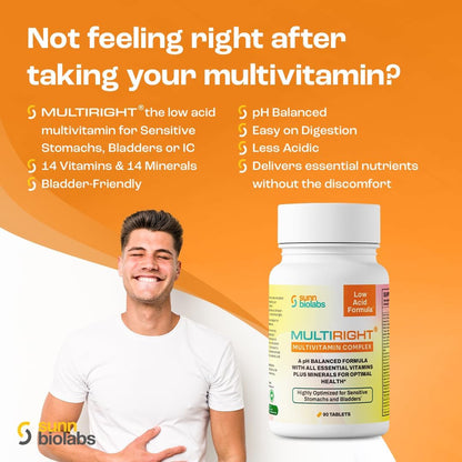 MULTIRIGHT Low Acid Multivitamin | Bladder-Friendly | 14 Vitamins and 14 Minerals | pH Balanced | 90 Tablets