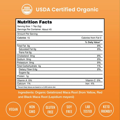 Organic Maca Powder - Peruvian Grown Maca Blend with Yellow, Black & Red Roots - Gelatinised for Superior Bioavailability - Natural, Vegan & Non-GM, 227g