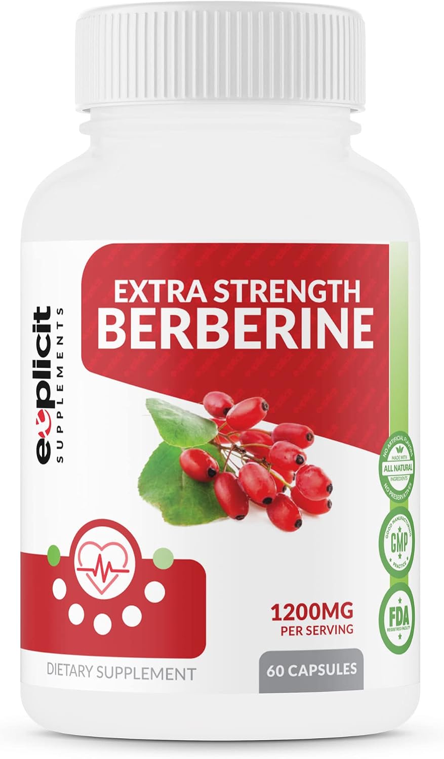 Natural Berberine HCl - 1200mg Maximum Strength – 60 Capsules – 1 Month Supply - görsel 1